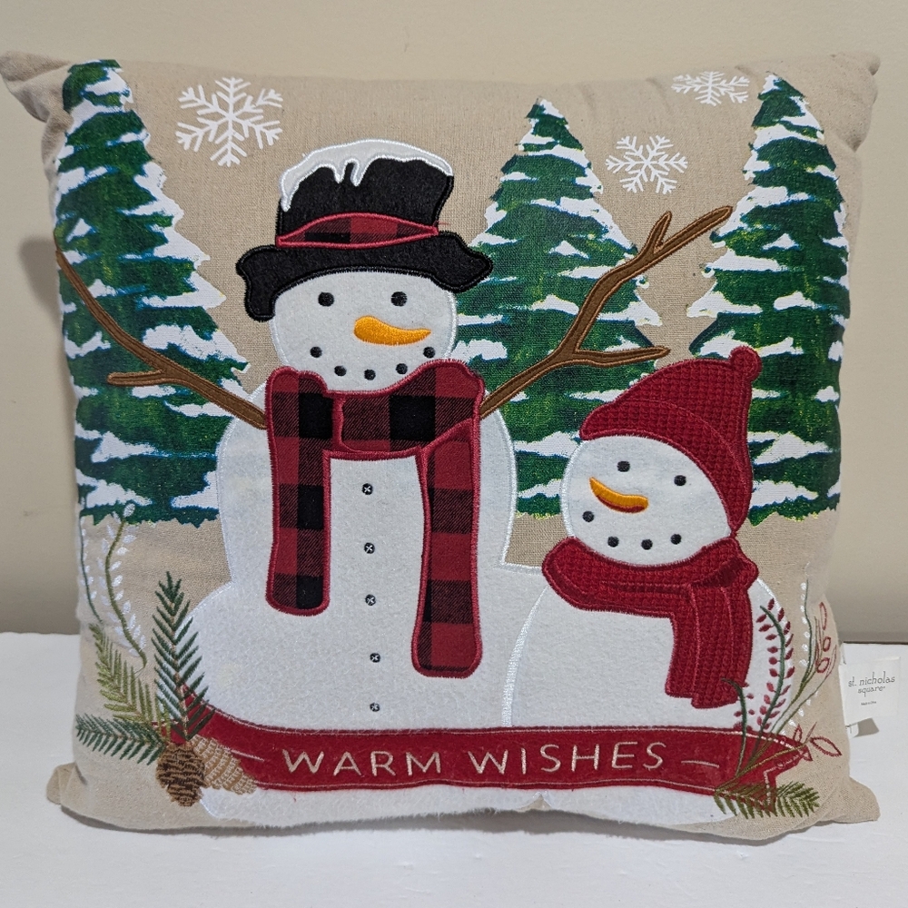 Snowman/Holiday Theme Fabric Square Pillow. 18x18